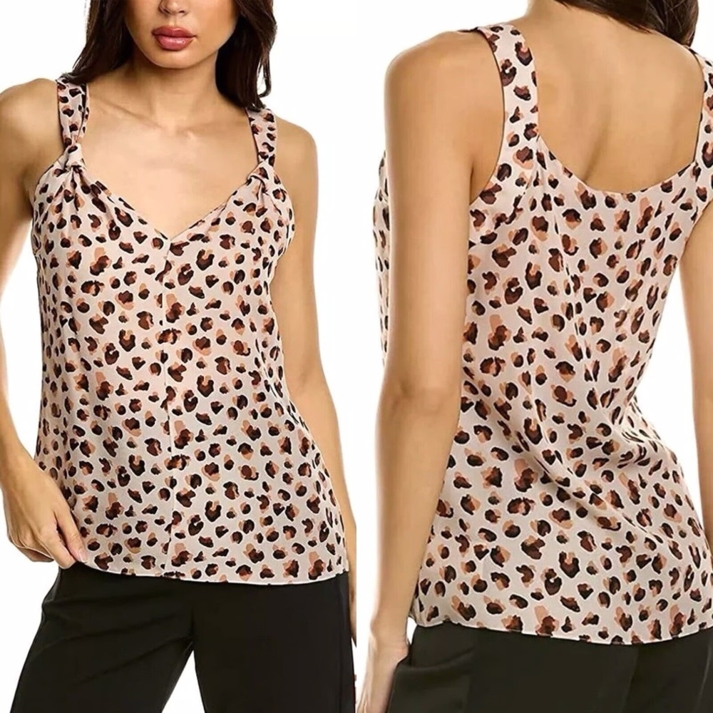 NWT Theory 100% Silk Leopard Print Wide Strap Sleeveless V-Neck Tank M $195